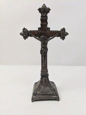 Standing Altar Crucifix Vintage Brass 10” Ornate INRI Jesus Cross